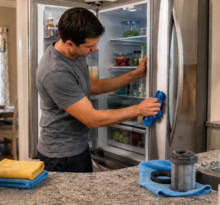 Homeowner performing routine kitchen appliance maintenance by cleaning refrigerator coils and dishwasher filter in a modern Buford kitchen. 