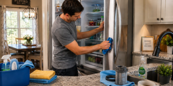 Homeowner performing routine kitchen appliance maintenance by cleaning refrigerator coils and dishwasher filter in a modern Buford kitchen. 