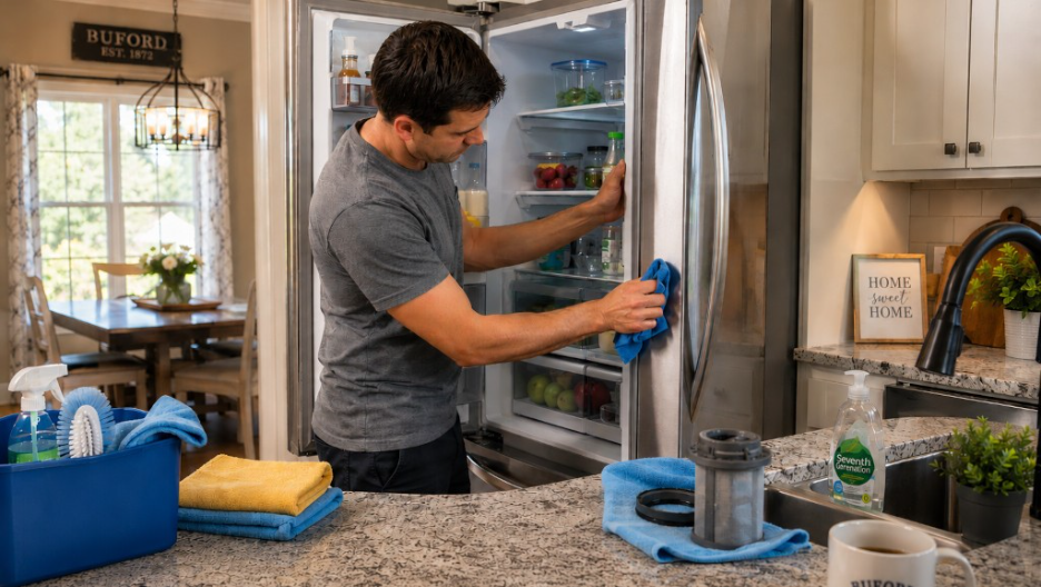 Homeowner performing routine kitchen appliance maintenance by cleaning refrigerator coils and dishwasher filter in a modern Buford kitchen. 